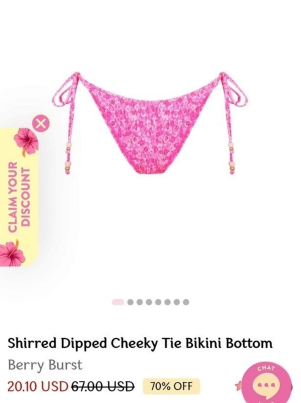 NWT Kulani Kinis Shirred Dipped Cheeky Bikini Bottom Floral Bikini Bottom Pink